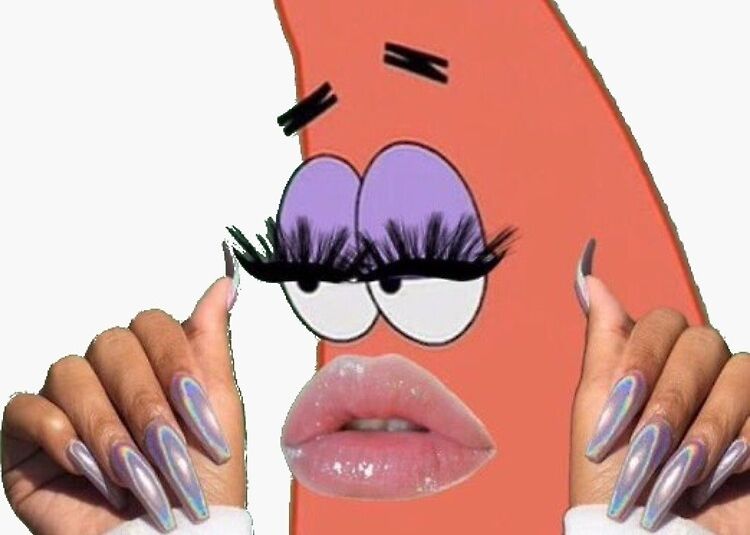 meme do Patrick de Bob Esponja super maquiado, com unhas longas postiças, cílios longos postiços, e lábios carnudos de batom.

a referência à foto original é porque dá pra ver só uma mão no cantinho da foto, por acaso, e a posição da mão é parecida com a daqui, mas isso sou eu forçando a barra pra dizer que parece.