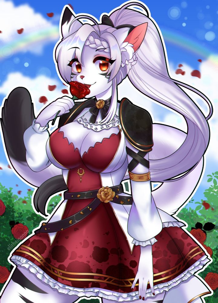 Miya as a furry kitty licking a rose flower with blue sky with a rainbow and rose bushes surrounding her