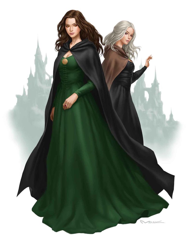 Art commission of two protagonists. One woman has brown hair and amber eyes and the other woman has platinum hair and lilac eyes. Artist is Yutthaphong Kaewsuk from https://www.artstation.com/kamiyama