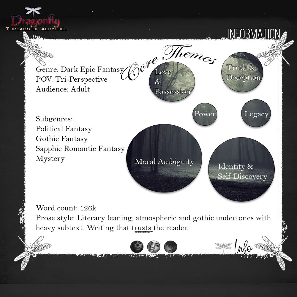 Genre: Dark Epic Fantasy
POV: Tri-Perspective 
Audience: Adult

Subgenres:
Political Fantasy
Gothic Fantasy
Sapphic Romantic Fantasy
Mystery

Word count: 126k
Prose Style: Literary leaning, atmospheric and gothic undertones with heavy subtext. Writing that trusts the reader.

Core themes:
Love and possession
Power
Truth and deception
Legacy
Moral ambiguity