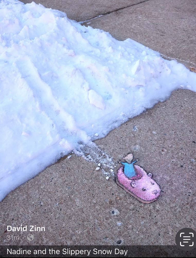 Snow, sidewalk, and chalk drawing of a mouse in a blue dress, using a pink bear slipper as a sled