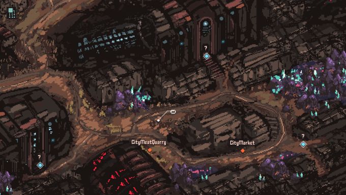Sketch-like pixel art of a new location in Death Trash. There are some buildings. One is a Market and one is a Meat Quarry.