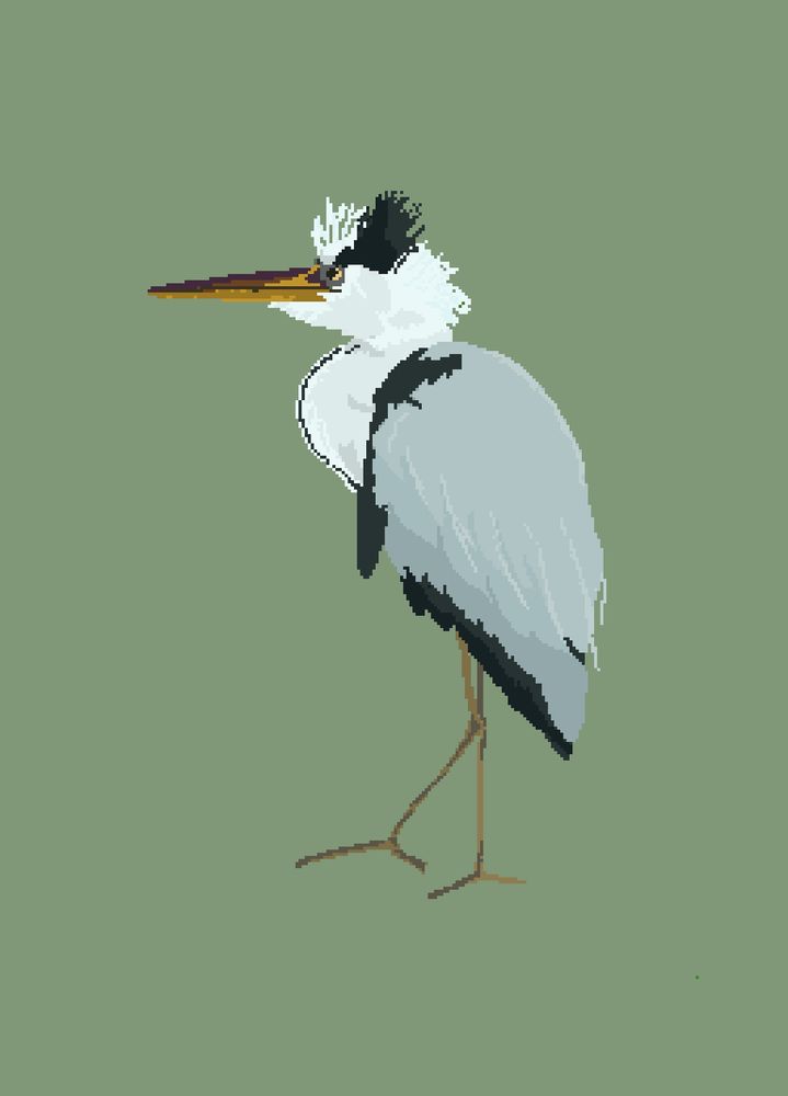 Pixelart heron with light grey wings, a white feathered head with a bit of dark blue and a white body with dark blue feathers under the wing. The beak is colored orange and brown. It is standing on one leg, maybe it's walking.