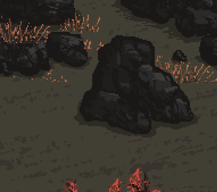 A self drawn rock in pixelart. Coloured in black and 3 shades of grey.