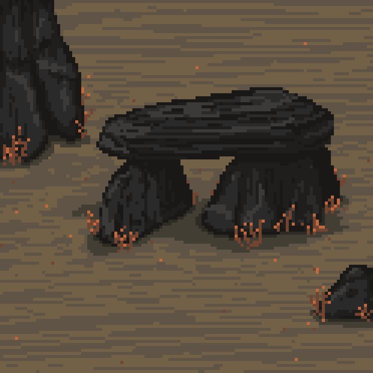 Pixel art of black-greyish rocks. Four of them building a dolmen in the center. Close to the rocks are growing some grasses.