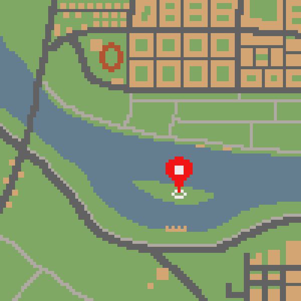 Pixel art of a random city map with a river, streets, green, buildings, a sports area and an island in the river. A marker is pointing on the island.