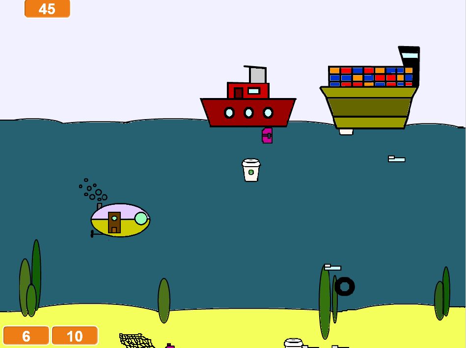 A small submarine, looking like a caravan), tries to cath waste that is dropped by boats and container ships, to revent pollution. The graphics are 2D and colourful.