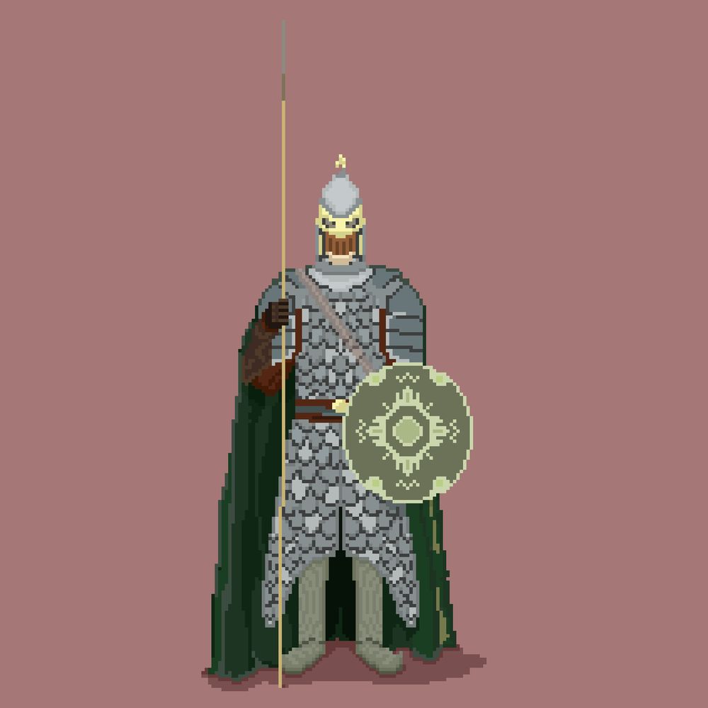 Pixel art of a kings guard of Rohan in full armor.