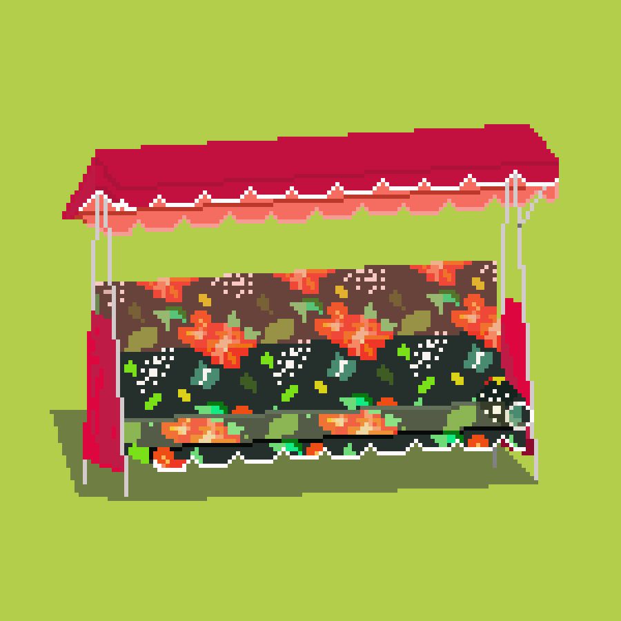 Pixel art garden swing with a red canopy and a vibrant coloured flower pattern on the padding.