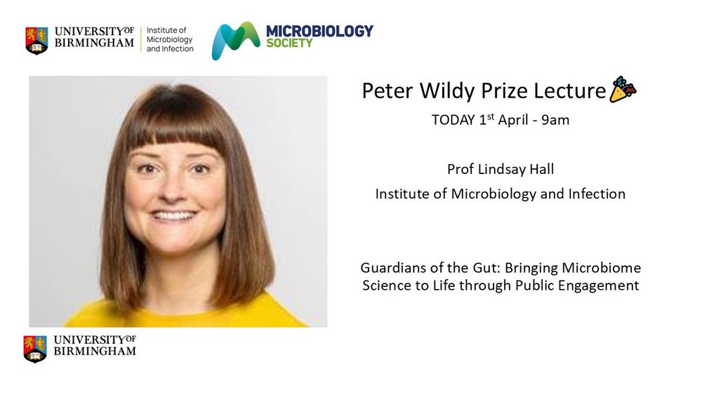 The image shows a picture of Lindsay Hall in a yellow top - she will give todays Peter Wildy Lecture at the microbiology society conference