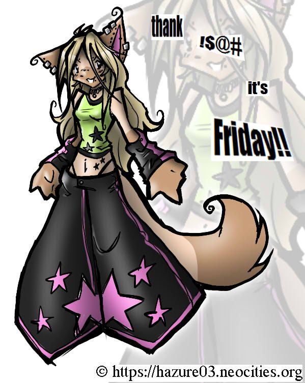 illustration of an anthropomorphic cat with the text "THANK !$@# it's FRIDAY!!"