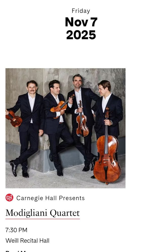 Screenshot from Carnegie Hall website. Has today's date (Nov 7) and a picture of a string quartet in suits (no ties) holding their instruments
