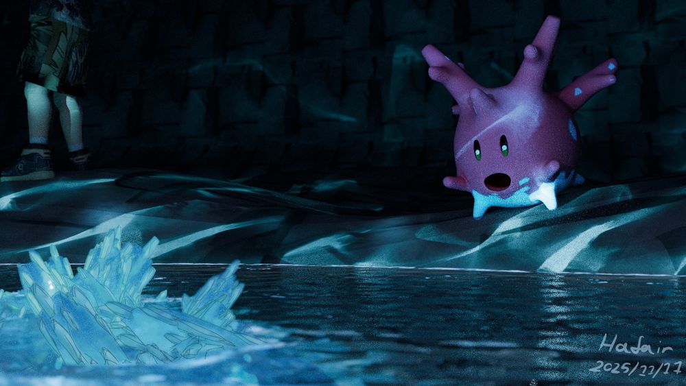 A 3D render in a dark cavern with lots of blue glows. Corsola is looking at a shallow pool of water as glowing blue crystals stick out of it. She has a shocked expression on her face as she looks on at some partially emerged glowing blue crystals from the pool. Her trainer, Aleph is walking on ahead. The lights from the pool light up the cavern giving everything a cool blue tint to it.