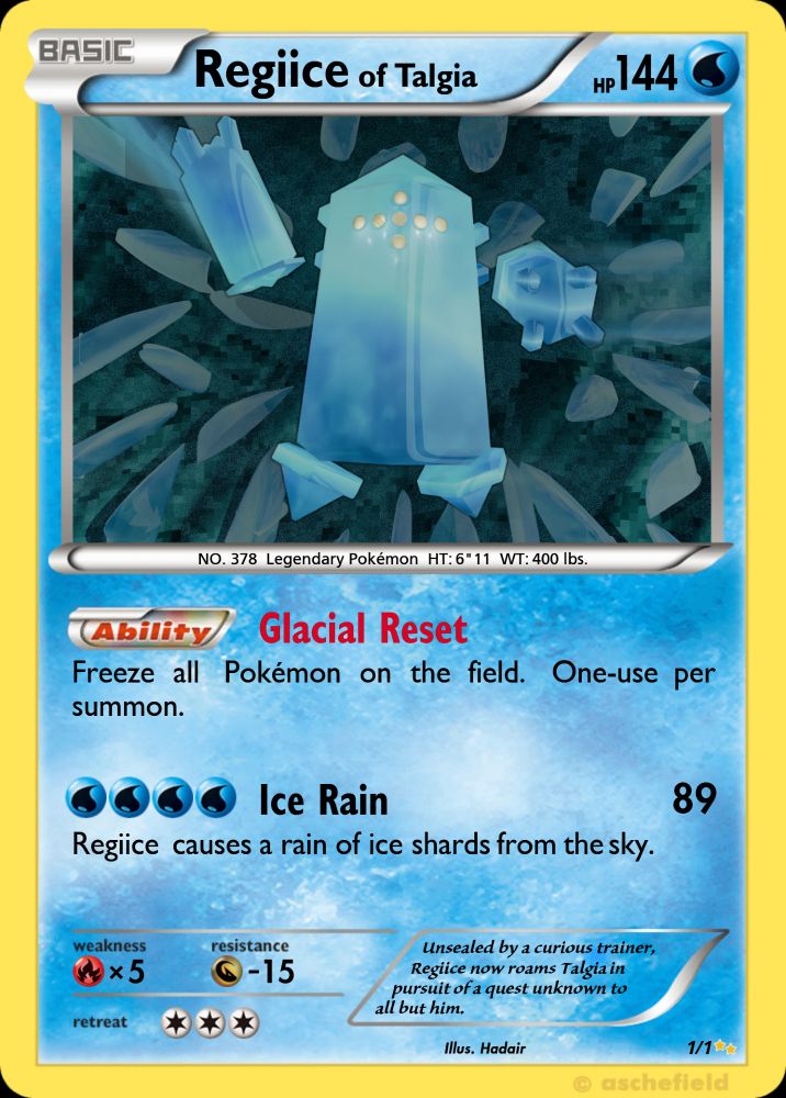 A 3DCG render of Regiice aiming one arm at the camera and another raised above his body generating some kind of ice blast. He is floating in space. All behind him are shares of ice preparing to aim towards the viewer. The pokemon card template was made with PokeCardMaker.net.
