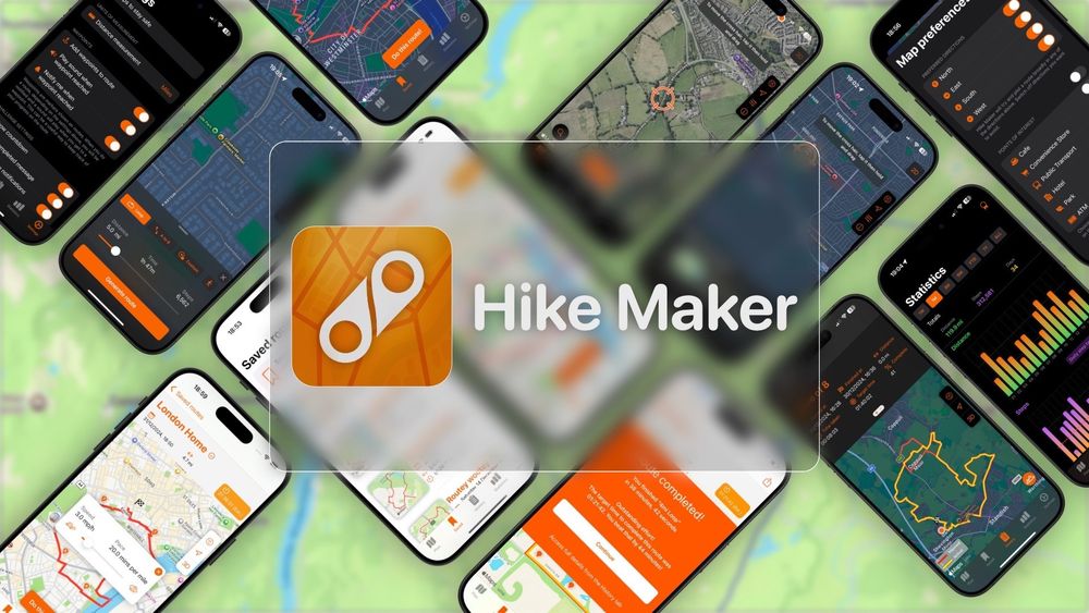 Image shown the hike maker icon and name on top of a map that had a number of iPhones arranged on it showing various screens for the app