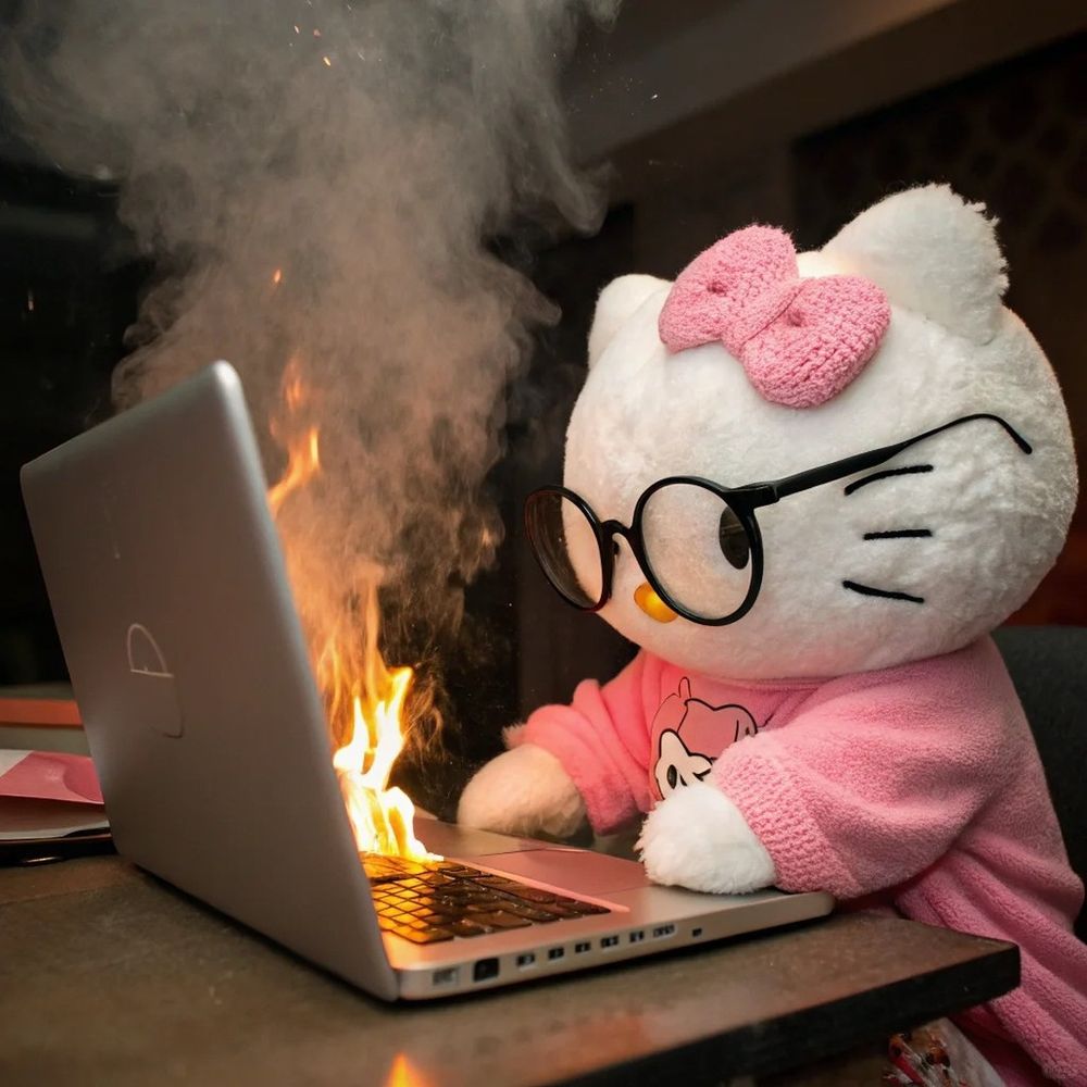 Hello Kitty sitting at a desk with her laptop on fire.