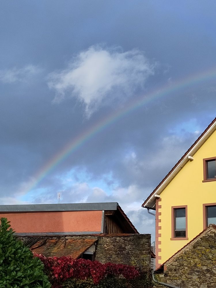 Regenbogen über einem Haus und einer alten Steinmauer, die von wildem Wein überwuchert ist.