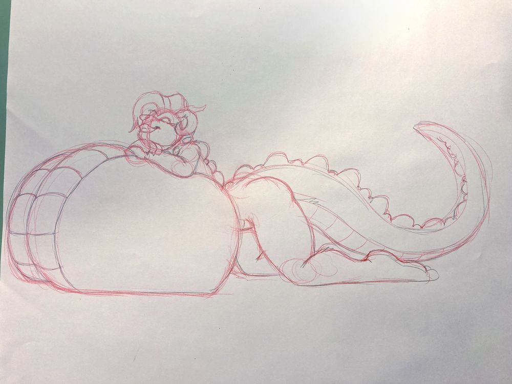 Sketch by Wolfkidd, where Alistor is laying on top of her chest, which has swelled to the size of a pair if… you know those Earth Balls you may have seen in your school gym when you were a kid? That may be a specifically ‘90s kid experience and my school was probably lucky, but yeah her tits are damn huge and she is grinning proudly as her arms are crossed atop them.
