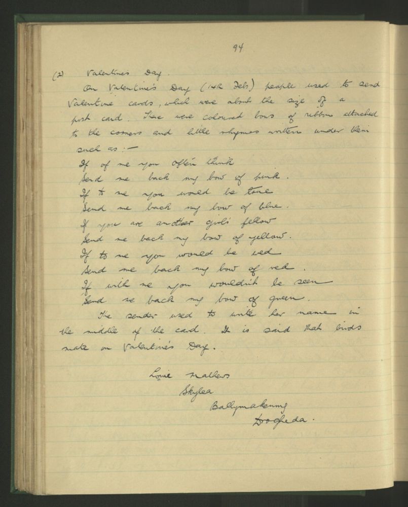 Leathanach ó Bhailiúchán na Scol. Tá an téacs tras-scríofa thuas agus thíos. / A page from the Schools' Collection. Its text is transcribed above and below.