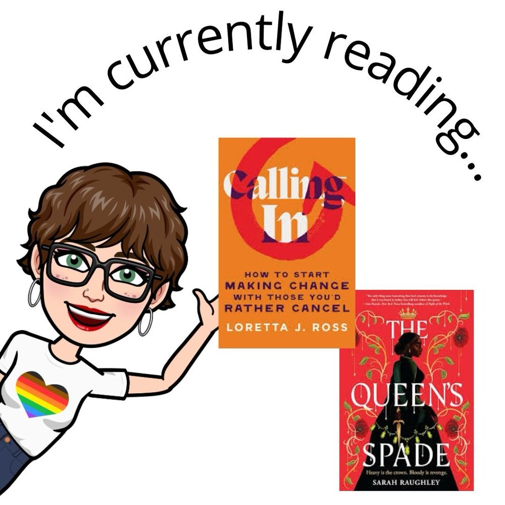 Cartoon image of short haired woman holding two book covers.
