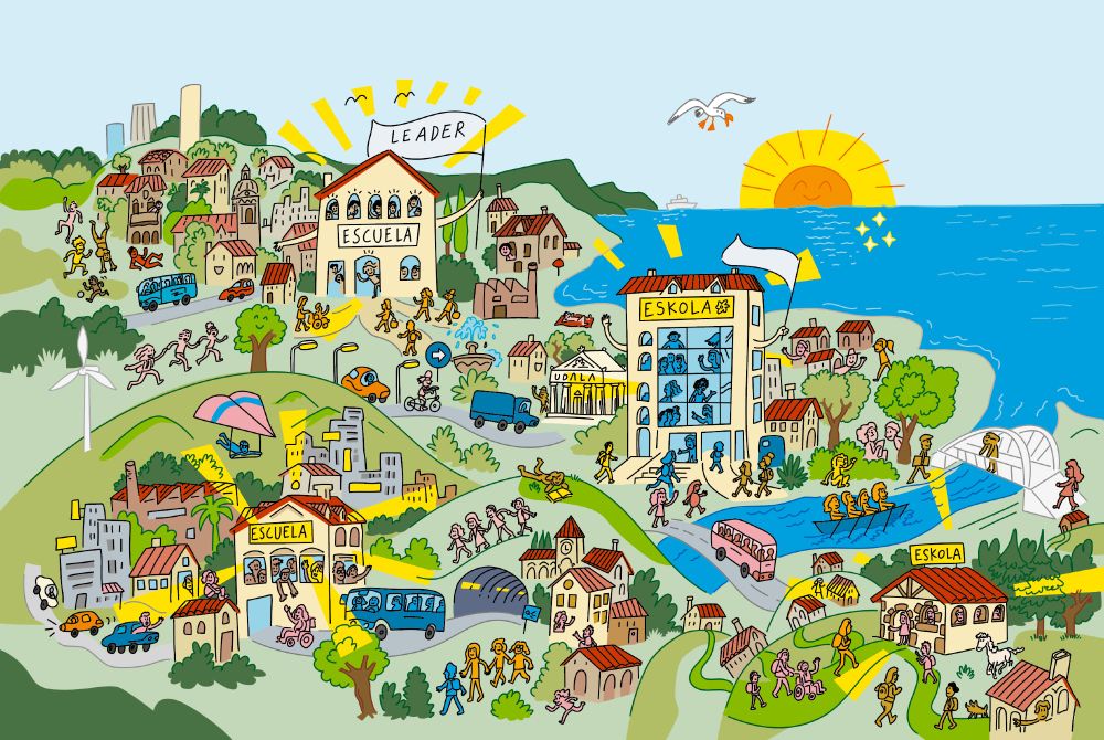 Colourful illustration showing a town full of educational buildings