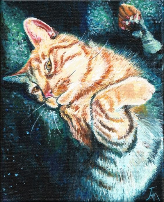 Painting of a ginger cat rolling on his back