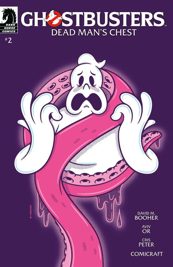 Ghostbusters: Dead Man's Chest #2 alternate cover, showing a stylised version of the Ghostbusters logo ghost, surrounded by an ectoplasmy pink tentacle. By David M. Booher, Aviv Or, Cris Peter, and Jimmy Betancourt. Cover by Chogrin