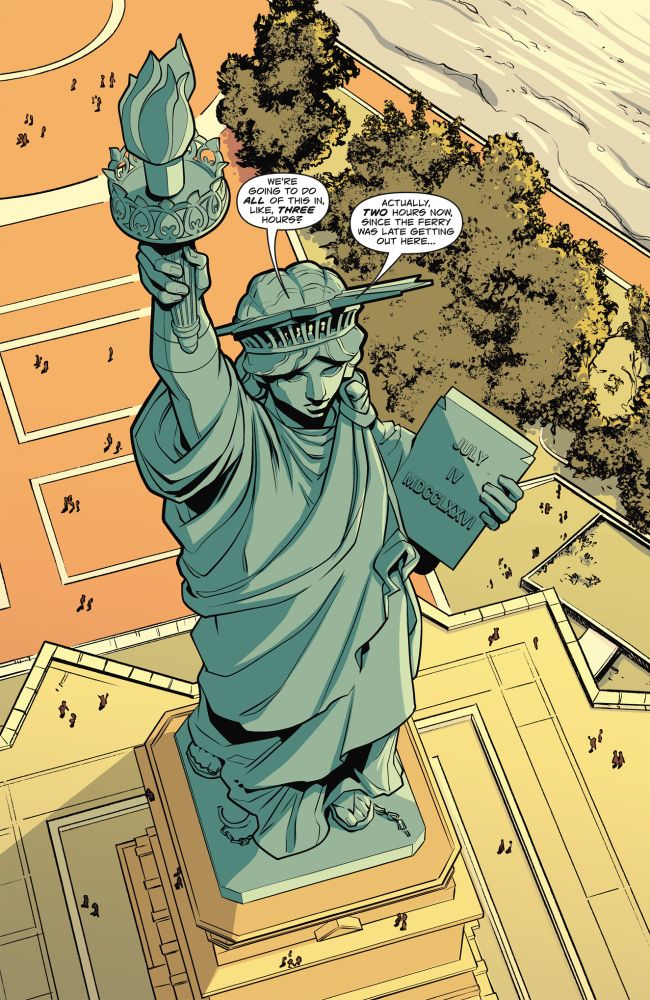 A page from Ghostbusters: Dead Man's Chest #2, showing a bird's eye angle on the Statue of Liberty, with a couple of speech bubbles coming from inside the viewing platform.