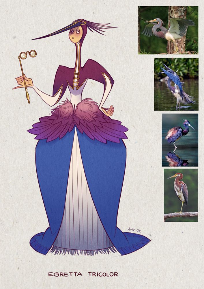 On the right, several pictures of a tricolor egret (a water bird in shades of blue and purple). On the left, a tall and skinny lady with a tiny head and a silly expression. She wears a poofy blue dress with a purple feathered overskirt, and her purple puffy-sleeved top extends up to her head, where it stretched forward with a beak-shaped fascinator. She's holding opera goggles.