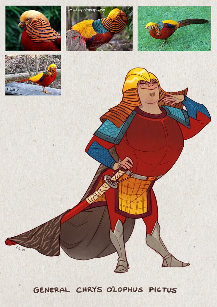 On top, several pictures of a golden pheasant. Below them, a barrel-chested general who's extremely feeling himself. He's wearing Chinese-inspired armour in red, blue, and gold that match the bird's feathers, and he's ostentatiously brushing back the flappy side of his helmet that is designed like the bird's orange-and-black cape
