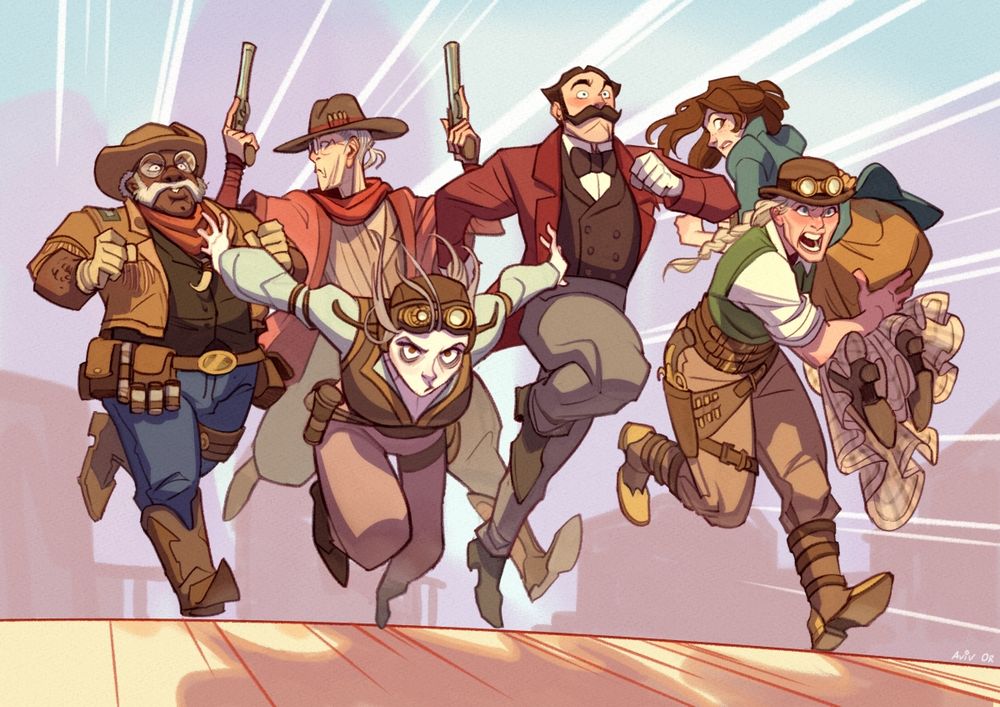 The Intrepid Heroes of the Zephyr from Dimension 20's Cloudward Ho! (6 people in various adventuring clothes ranging from steampunk pilot to gentleman fister). There is a hazy town in the background and they are running towards the viewer with some haste, as can be gleaned by the many motion lines around them. Original character designs by Cait May!