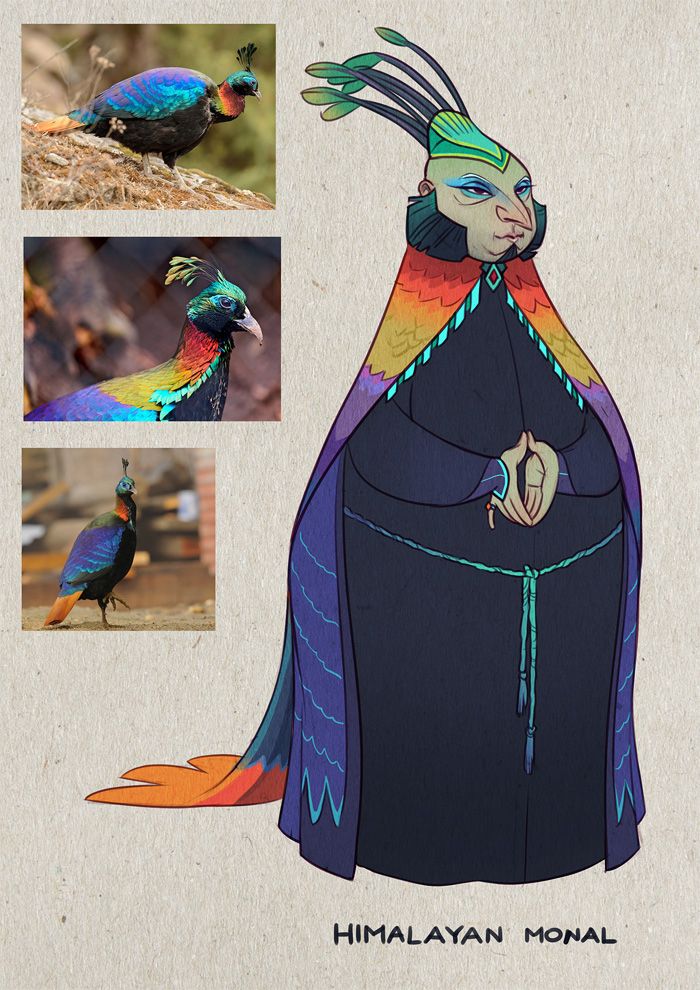 Om the left, several pictures of a Himalayan monal (a brightly coloured pheasant). On the right, a stout man in clerical robes, with a multicoloured cloak and feathered head cover mimicking the bird's appearance. His nose is sharp and pointy, his make up is on point, and he sports an impressive set of muttonchops