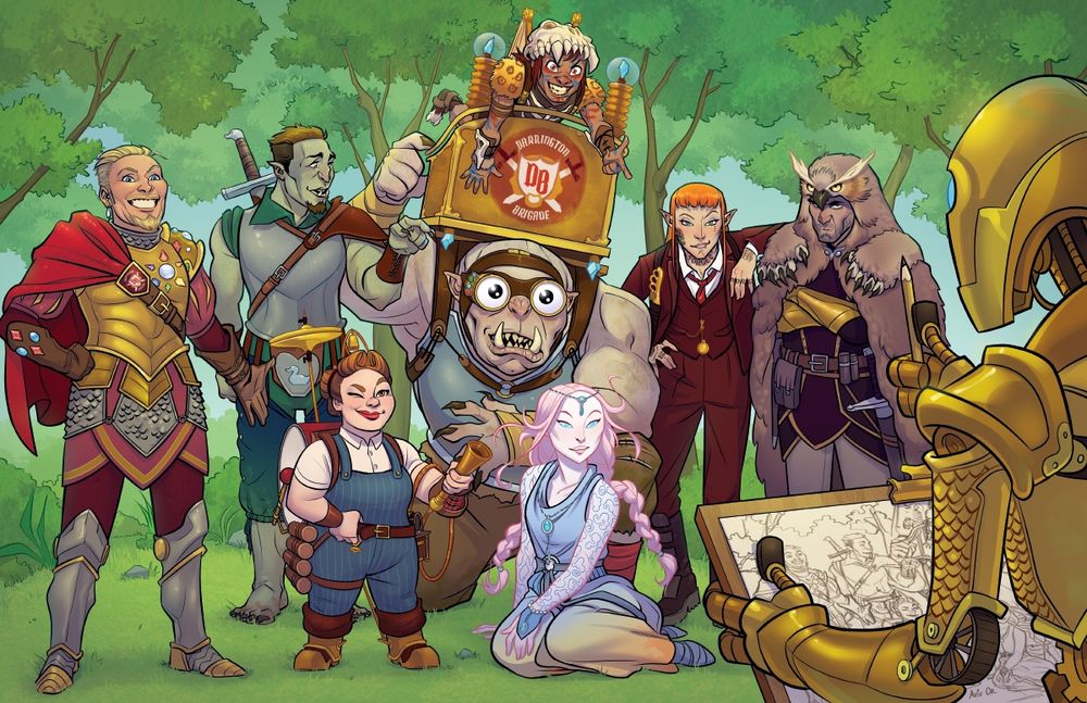 The Darrington Brigade poster: a colour illustration showing all members in a tableau against a woodsy background, with Doty 2.0 in the foreground sketching them
