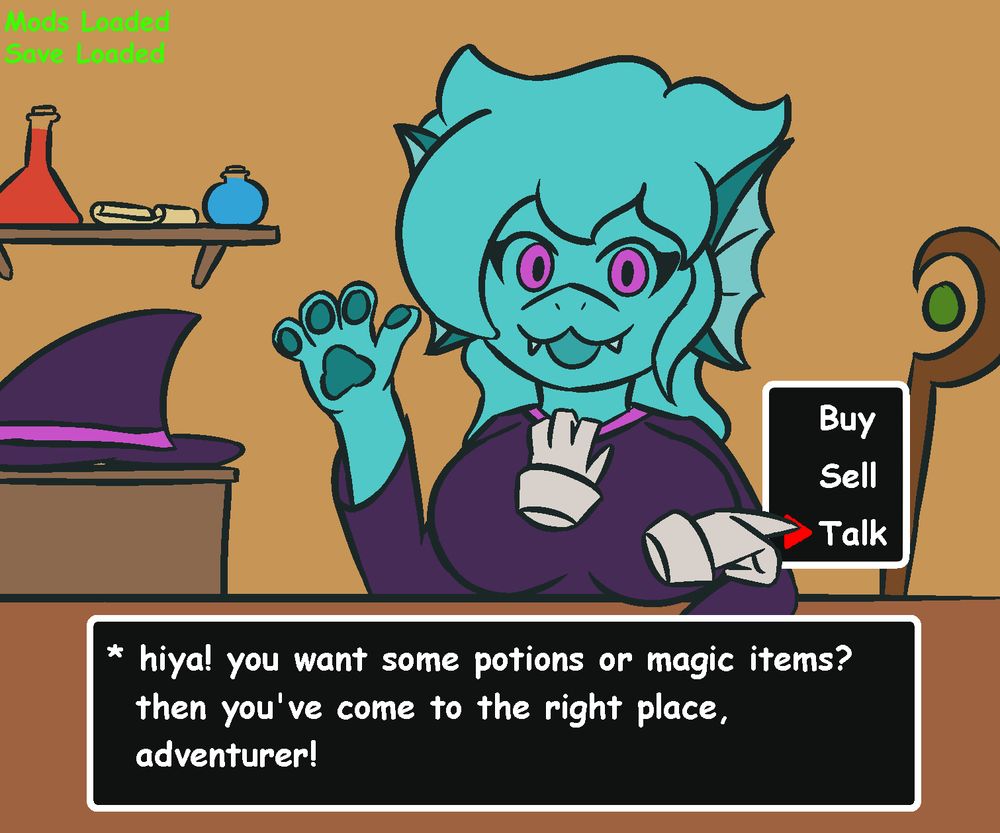 the same picture, but slightly edited, to show eri's eyes as open, along with some of annie's robot deer hooves reaching for its robe collar and clicking the "Talk" dialog option
there is also text in the top left saying "Mods Loaded" and "Save Loaded"