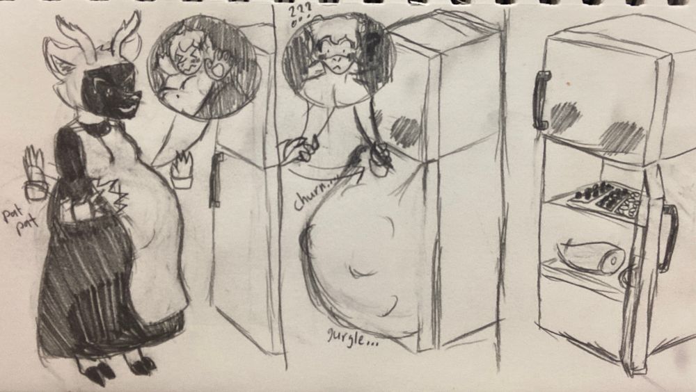 a 3-panel drawn comic

the first panel shows annie, stomach bulging from having eaten eri, standing next to a fridge, along with a cutout bubble showing eri struggling inside of her; annie has a michievous look on her face

the second panel shows annie moving the tail of the cutout bubble to the fridge, causing the bottom door of the fridge to bulge out with eri's mass, and the fridge has also started to blush

the third panel shows the fridge, still blushing, but now open, showcasing a bunch of seafood meals inside, that eri has been turned into