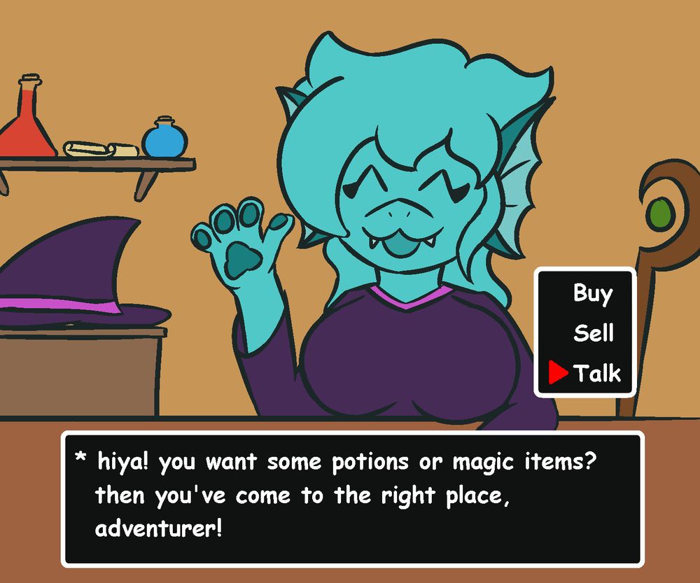 a digitally drawn picture of eri, as a shopkeeper npc, greeting the viewer with a happy expression, saying "hiya! you want some potions or magic items? then you've come to the right place, adventurer!", along with some menu options saying Buy, Sell, and Talk