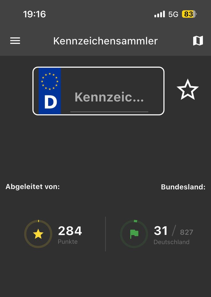 ein screenshot einer app, oben eine eingabemaske, um kennzeicheneinzugeben. unten eine statistik 3 von 827 deutschland. und 284 anzeigte punkte. 