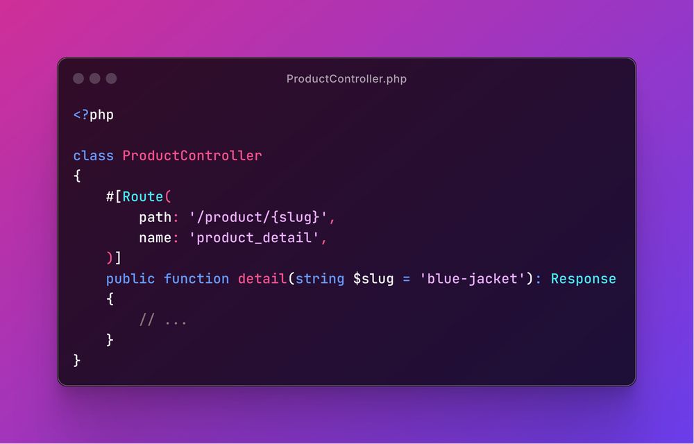 Symfony controller using the argument method default value syntax to set the default value of slug route parameter