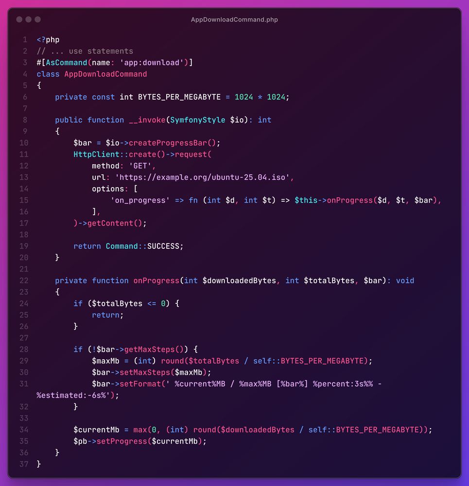 Symfony command that download Ubuntu ISO file, displaying a human readable progress bar with MB unit progression