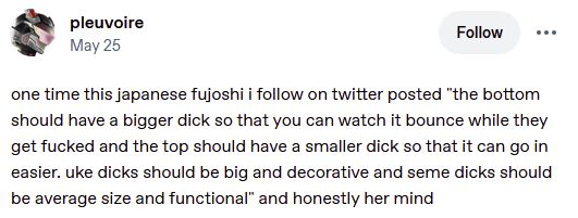 A Tumblr post by pleuvoire: "one time this japanese fujoshi i follow on twitter posted "the bottom should have a bigger dick so that you can watch it bounce while they get fucked and the top should have a smaller dick so that it can go in easier. uke dicks should be big and decorative and seme dicks should be average size and functional" and honestly her mind"