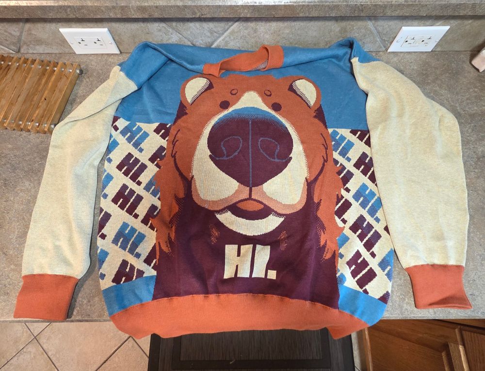 The front of the bear hoodie layed out on a counter it has a bears face with Hi under it.