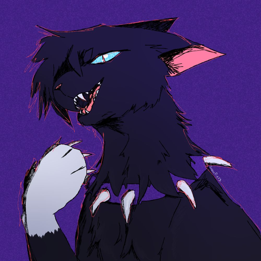 Scourge from Warrior Cats holding up a white paw with claws out, and mouth open in a grin.
