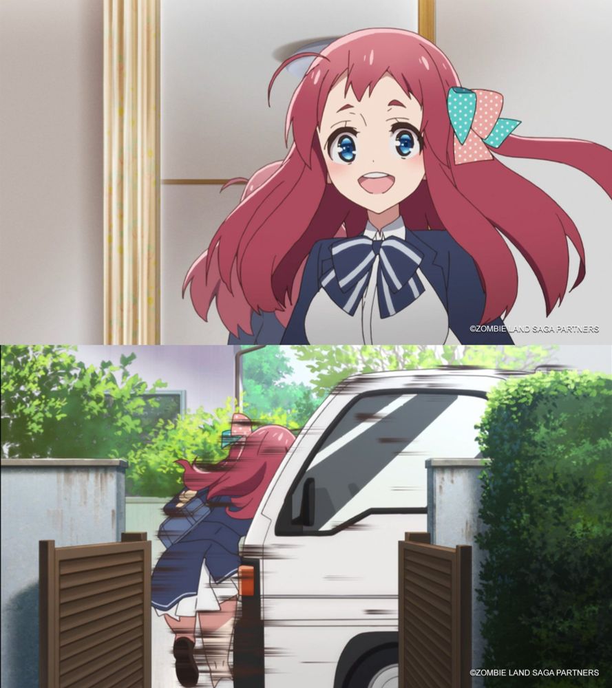 Two screen shots from the anime zombieland saga. The 1st screenshot shows a cute happy anime girl. The 2nd screenshot shows that same anime girl getting hit by a truck.