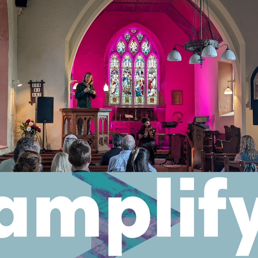 Artists Timothy Cape (vocals) and Mayah Kadish (violin) performing to an audience in a church in Rathmullan, County Donegal. The amplify podcast banner is across the bottom of the image.