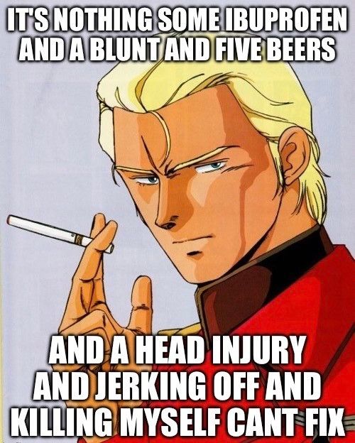 CCA Char with caption: "It's nothing some ibuprofen and a blunt and five beers and a head injury and jerking off and killing myself can't fix" 