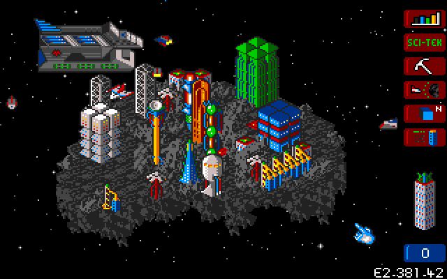 Gameplay screenshot from a 1990s game called K240. Pixelated buildings are on a grey asteroid and a space ship hovers above in a black starry sky