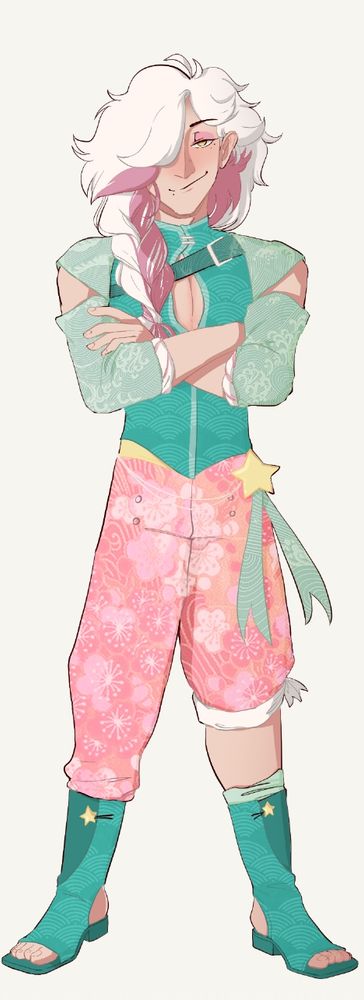 Grey in a wide stance with their arms crossed. They have a very fluffy side braid a bright color pink and green spring outfit 