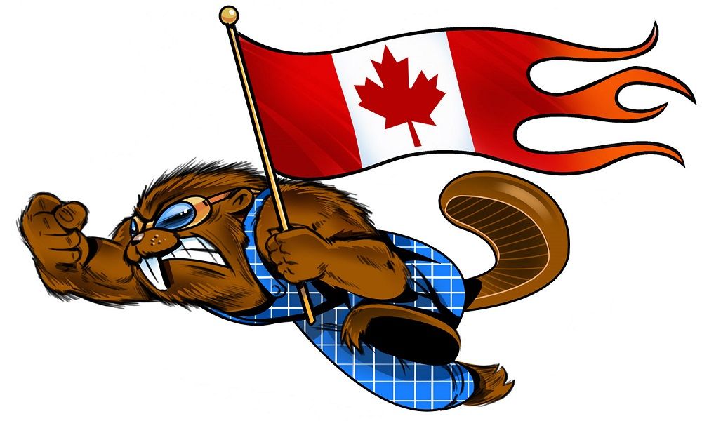 North of 49 mascot Beaver racing with flamed Canadian flag