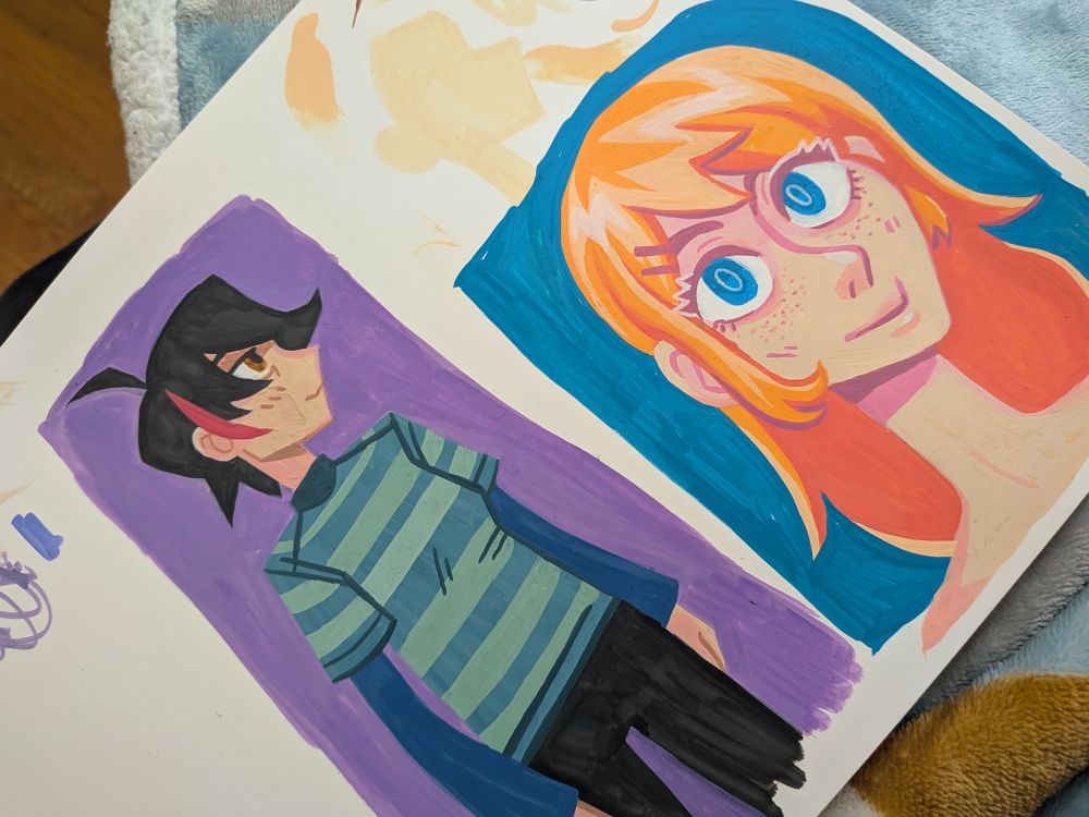 A tilted photo of a marker painting of two characters belonging to my gf Penance. 