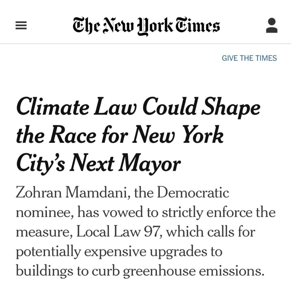 Headline in NYTimes says “climate law could shape the race for New York city’s next mayor” 